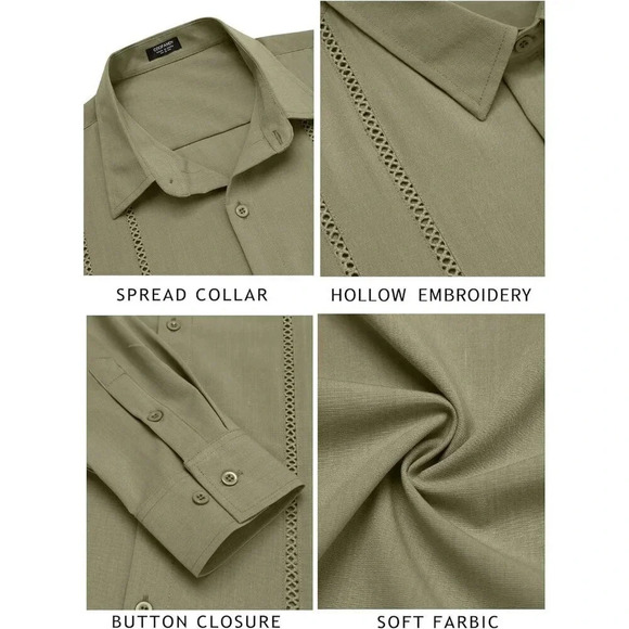 ❤️Mens Green Cuban Shirt Casual Button Down Shirts Long Sleeve Beach  Shirts - Picture 6 of 7